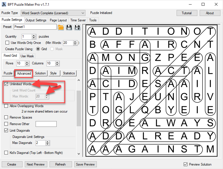 How to Limit the number of words in a Word Search puzzle